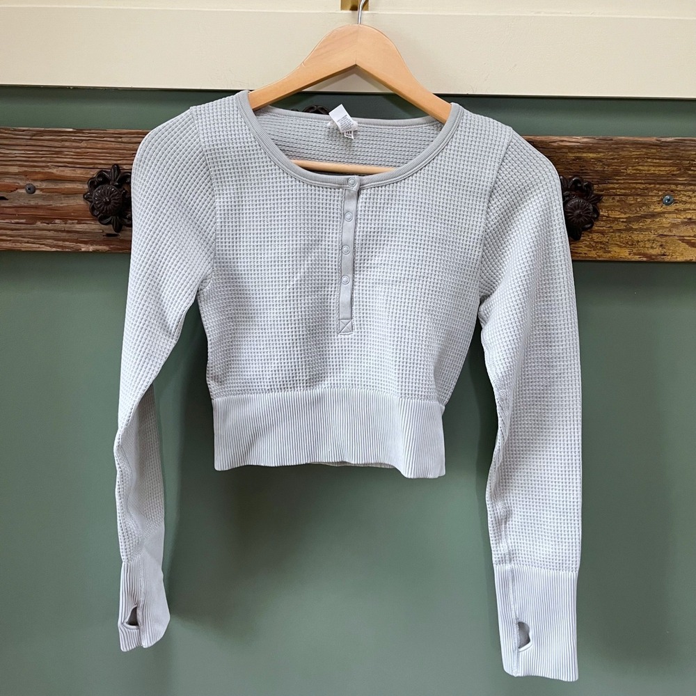 OFFLINE by Aerie Sage Green Waffle Knit Cropped Henley Long Sleeve Size M